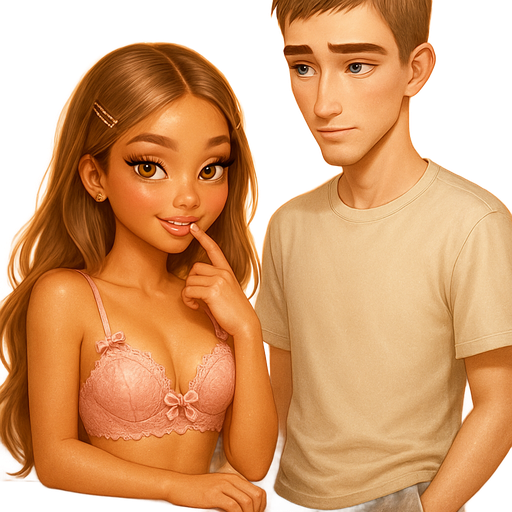 luxury glossy bratz-anime romantic aesthetic, warm cinematic glow, crisp clean detail, glossy glam skin: honey brown eyed girl, frosting off her finger behind counter with a playful smirk peeking at tall slender young man: oblong face shape with long pointed chin, straight nose with medium-width, high soft slightly hollow cheeks, downturned close-set light green almond shaped eyes with long lashes, thin straight slightly angled brows, golden light skin tone, slightly full soft pink lips, facial hair: clean-shaven, thick chin goatee, hair dirty-blonde ash brown, textured crop haircut, youthful masculine serious expression in a soft oatmeal crew tee, grey Nike sweats, clean beige low Vans, “trying not to look” but peeking with a shy grin at honey brown-eyed petite girl, soft-autumn tone, pale skin, honey-brown almond eyes, soft freckles, round, full moderate bust, chubby upper arms, sweet Belle-princess vibe, long brunette honey balayage hair with visible light blonde highlights, straight sleek with face pieces, soft blush lace balconette set with satin bows, hair pinned at the sides, glossy doe-eye makeup + plump lip, pop-princess energy, shimmer highlight, sparkly glow