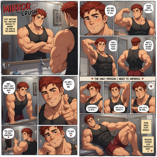 A Full page Anime Comic book story of a masculine and Bulky ANIME Cute Bara Man Who looks Normal and American with a round facial Structure and Basic facial structure With Puffy and Big Pecs that are visible through the shirt and Biceps and Bandaid on his nose. Wearing a Tank Top and Scarlet Red Hair. Doing different poses in the bathroom and showing off his body in the mirror. And then Flirts with himself in the mirror. and acts like Model