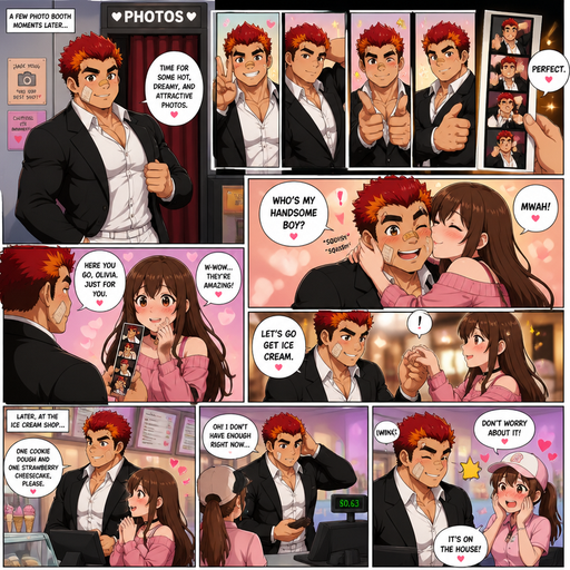 A Full page Anime Comic book story about of a masculine and Bulky ANIME Cute Bara Man American 20 year old with a ROUND and BASIC facial structure and TENAGE BARA CUTE MALE not to detailed With bigger than average Pecs that are visible through the shirt and Biceps and a big Bandaid on his nose and Left Cheek and Right Eye brow. Wearing a no piercings Black suit a White and Pants and Red Hair and Bright Orange Hair Tips and Strait is wearing Fluffy short Hair a brown eyes and black eyebrows. Taking Hot, Dreamy and Attractive Photos in a Photo Booth. And then gives them to Olivia and she Blush. And then hugs him and she spinchs his cheeks and says who’s my handsome Boy. She kisses him on the Cheek. He lovely and daringly grabs her hand and says let’s go get ice cream. At the Ice cream shop ordering at the counter and didn’t have enough and so he winked at the person at the cash register, and she blushed and said don’t worry about it