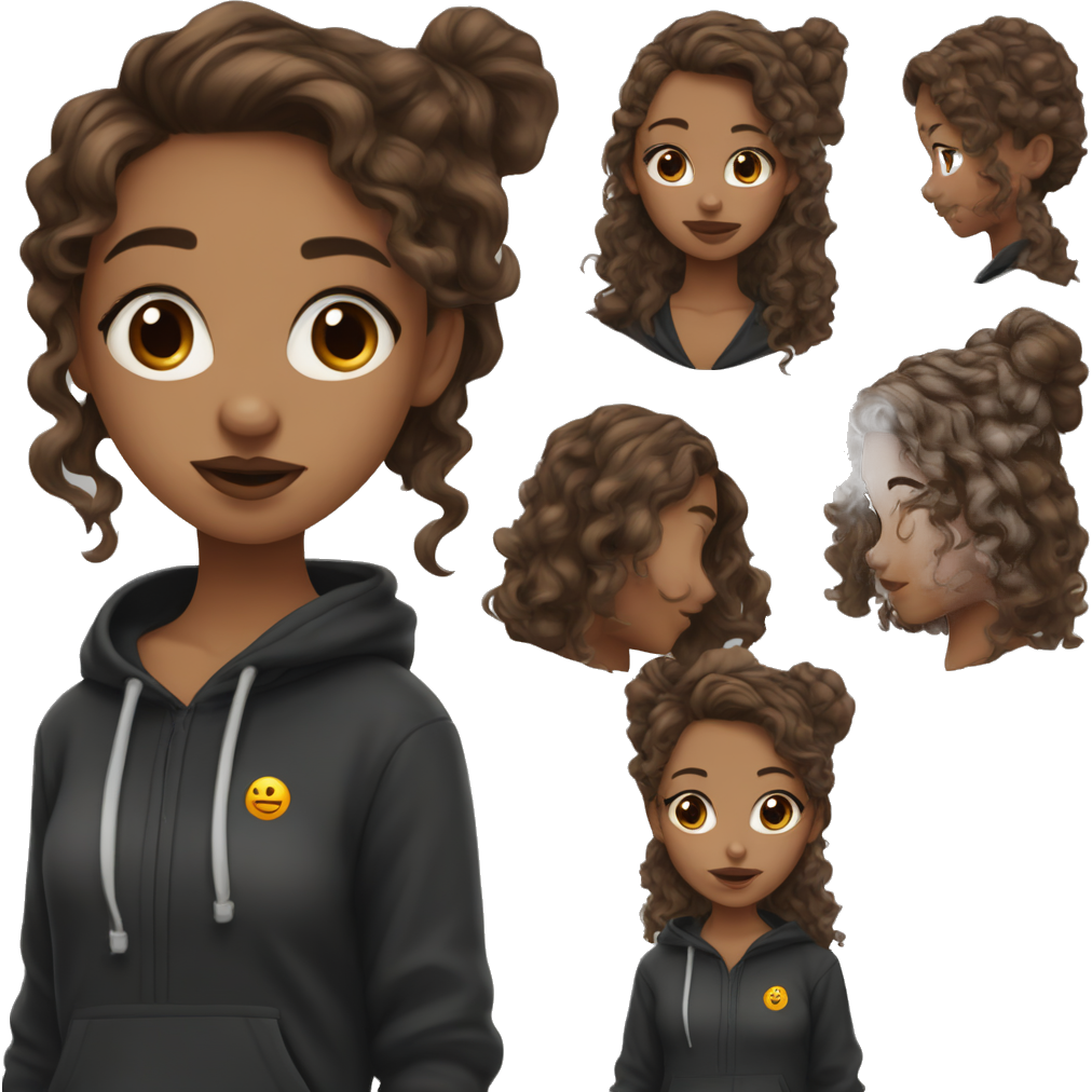 Girl with brown wavy hair, slightly tanned skin, freckles, grey eyes, with plump lips. She wears black hoodie and has nose and ears piercings