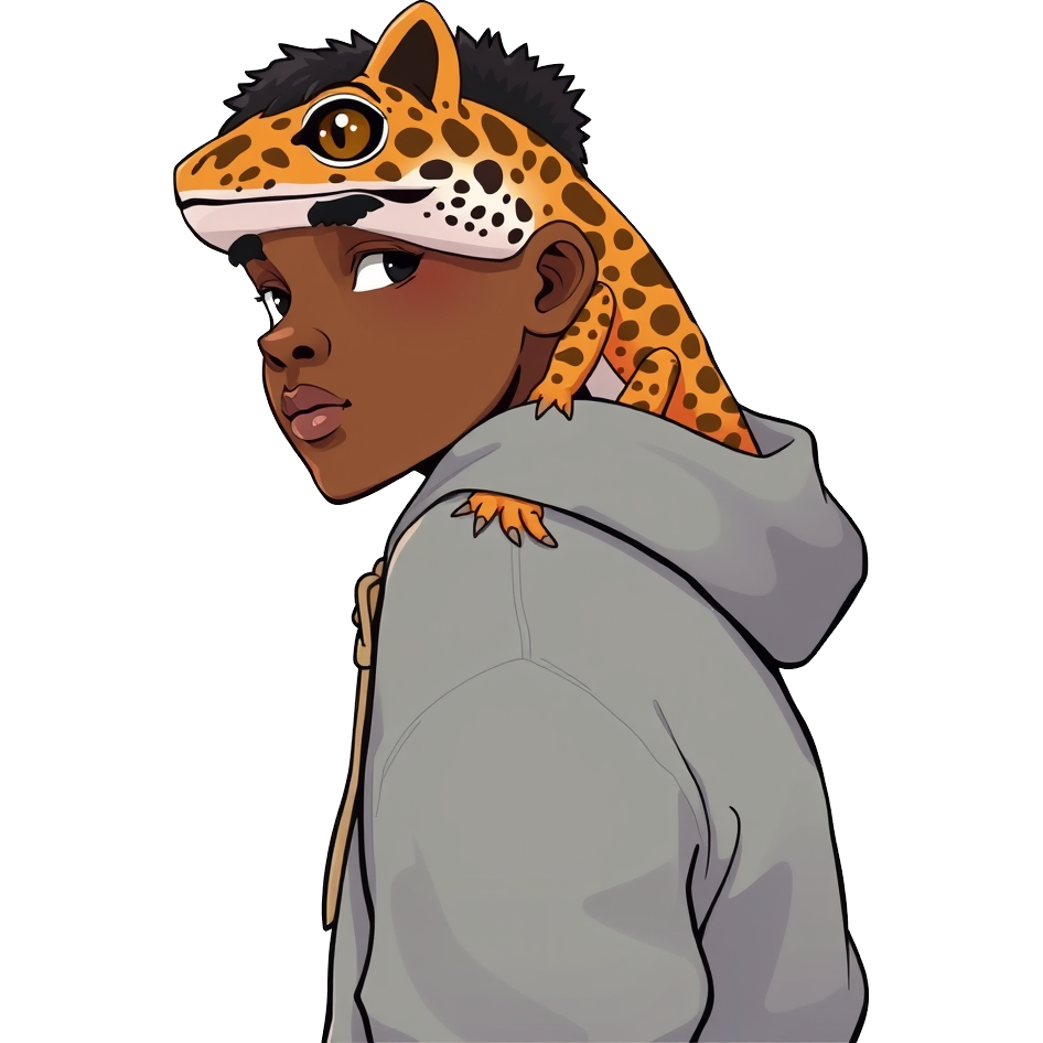 cute japanese chibi art of Leopard gecko on the shoulder of a light skinned African American 25 year old African American man wearing a hoodie and grey jeans on a white background