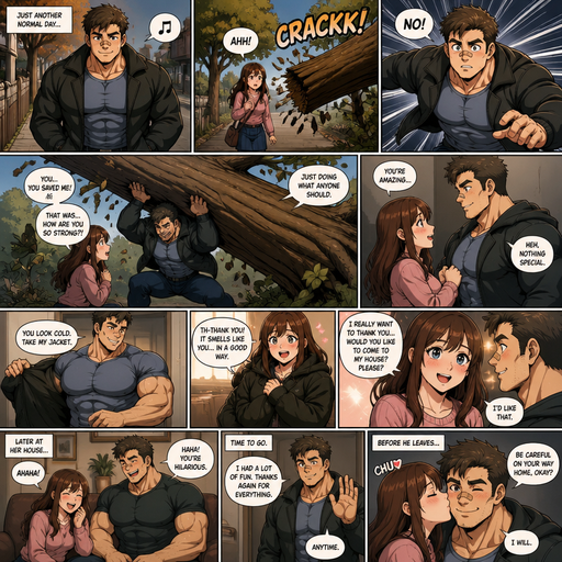 A Comic book story of a Bulky Small but Muscular and more Muscle than Fat ANIME Cute Bara Man Who looks Normal and American with a round facial Structure and Basic facial structure With Puffy and Big Pecs that are visible through the shirt and Biceps and Bandaid on his nose. Wearing a Normal sized heavy Jacket. Walking With and saw his crush in danger and then protects her and stops a tree from falling and hitting her. She tells him how strong he is and he takes his coat off and gives it to her. And then she invites him to her house. And they laugh in her house he the leaves and before he goes she kisses him on the cheek