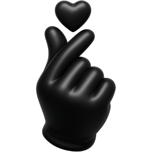 3D iOS-style emoji of one black latex gloved hand making the finger heart gesture, soft glossy texture, realistic lighting, transparent background.