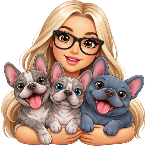 A ice blonde long haired girl with brown eyes black glasses holding three French bulldogs one skinny gray merle with tongue out one gray merle with one blue eye one brown eye and one happy all blue chubby french bulldog with brown eyes