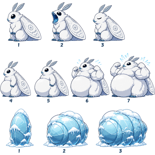 (1 giant snow moth furry idle side view) (2 giant snow moth furry side view with a blue mouth open wide side view)(3 giant snow moth furry side view with a blue mouth closed and eyes closed side view) (4 giant snow moth furry full belly mouth closed side view)(5 giant snow moth furry full belly bulging side view)(6 giant snow moth furry full belly bulging and buffing up side view) (7 giant snow moth furry full belly buffing up and bulges side view) (1 ice snow frozen cocoon)(2 ice snow frozen cocoon bulging with buffing down) (3 ice snow frozen slikworm cocoon bulging tightly with buffing down bulges tightly)games sprites (cute cartoon clipart style)