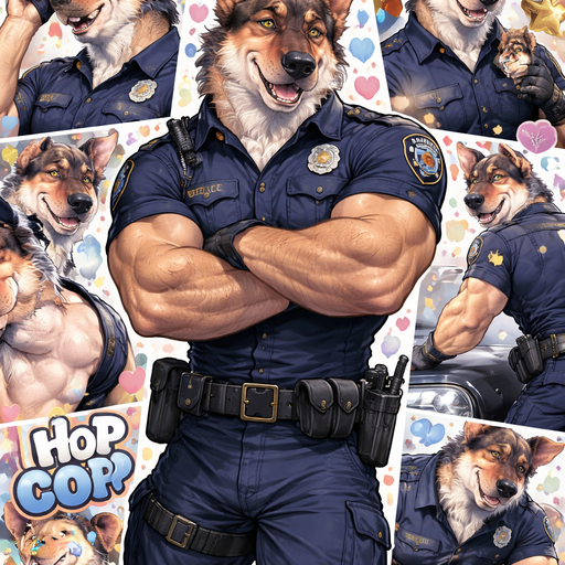 A Full Body and Facial Wallpaper of a Hunky and Chunky a Very Hot and Handsome German Shepard mixed with a Sheep dog bara furry who is a Police Uniform and Extremely muscular but not to muscular and Extremely Masculine and Handsome and Ginormous Arms and a Rounded Pecs very Short Strait Hair but tall and a little bit lean. Dressed in police uniform. Blushing Hard