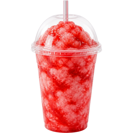 Watermelon Strawberry Soft Shaved Ice Slushie in a Plastic Cup and Plastic Dome Lid with a Straw Mixed in with Extra Syrup
