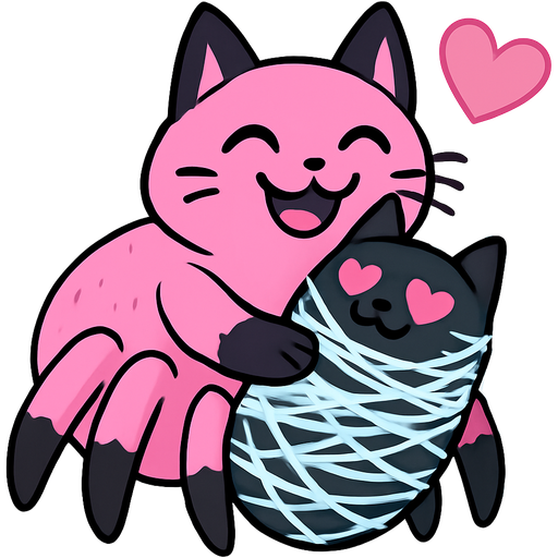 very huge pink and black cat spider hybrid happy hugging #B8FFFF slikworm cocooned pod black cat happy with pink heart eyes enveloped covered with #B8FFFF huge coating of #B8FFFF slik and huge #B8FFFF slik wrappings and huge #B8FFFF webbing wrappings #B8FFFF