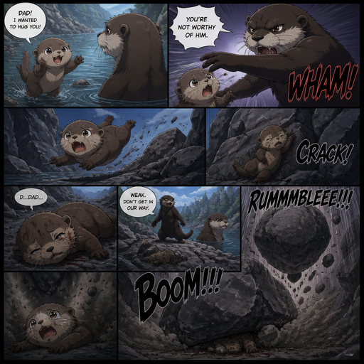 A comic book of a A baby otter went to his dad to go and hug him but and the baby otter was thrown at a rock by a bigger otter and a boulder falls