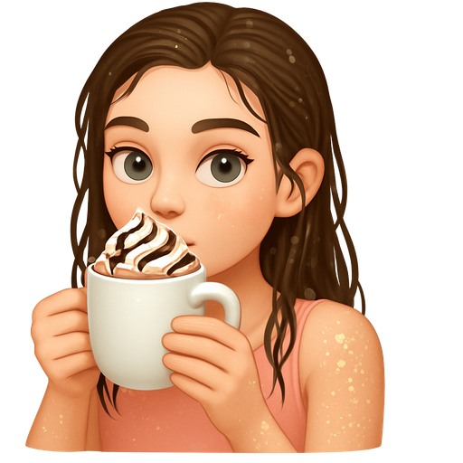 iOS style emoji Girl with fair skin, brown hair and greenish grey eyes drinking a cup of hot cocoa with whipped cream chocolate sauce and sprinkles : she has wet hair, and glitter on her arms