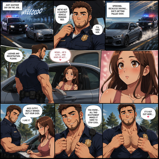 A DETAILED AND LIFELIKE ANIME Comic Book story view of a Bulky but Muscular ANIME Cute Bara Man With Peach toned skin Who looks Normal aind round facial Structure and Basic facial structure With Puffy and Big Pecs that are visible through the shirt and Biceps and Bandaid on his nose and Brown short hair and Stubble Brown beard. Wearing a Police Uniform. And is Chasing a Women’s in a Police Chase and He pulls her over and he goes to her car and she looked at his face and she Thinks he’s cute and Hot. And while she’s signing he Comments her outfit and says he likes it. And he Unbuttons some buttons and Says it’s hot
