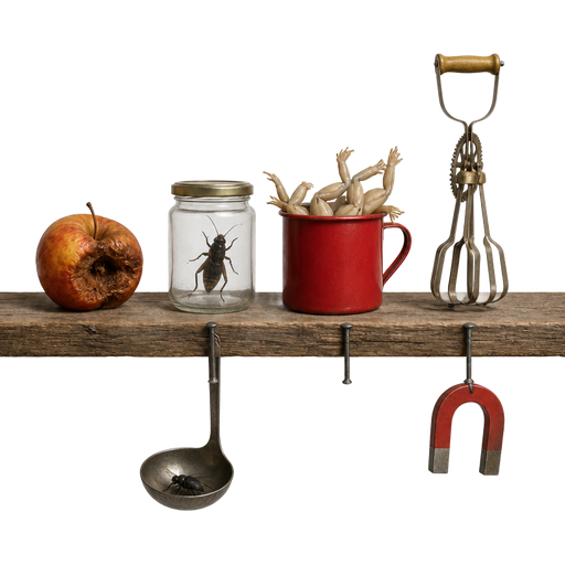 wooden shelf rotten apple bug in jar a red cup full of frog legs eggbeater on nail a fly in a ladle on nail magnet on a nail