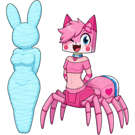 wrapped up and mummified fully covered in a #B8FFFF spider slik cocoon shaped like anthro female rabbit anthro arms behind back with #B8FFFF spider slik wrappings completely covered with thick layers non-transparent #B8FFFF spider slik wrappings next to a happy anthro femboy pink spider cat drider based on unikitty