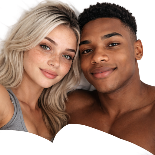 20 year old female with icy blonde dark roots green eyes freckles laying in bed with a 23 year old black man with brown eyes very short curly hair no facial hair