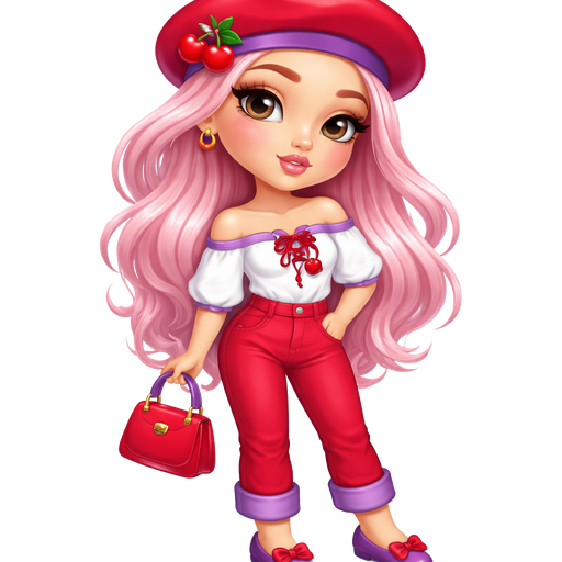 Crepe Suzette with a Fair-Light Warm Sand Skin Tone and a Heart Shaped Lip Shape and a Lifted Eyelash Set up and a Matte Soft Pink Lipstick with a Peach Eyeshadow and a Thin Eyebrow Shape and a Upturned Eye Shape with a Triangle Face Shape Wearing a Red Beret with the Brim being in Purple and a Cherry Clip on the Left side of the Hat with Pastel Pink Long Hair Wearing a White Off The Shoulder Tunic Top with the Brim being Purple With a Red Lace and a Cherry Clip Right Next to it Also Wearing Red Denim Pants and When it’s Rolled up at the bottom it’s Purple Wearing Purple Flats with a Red Bow on Top Carrying a Red Hand Purse With a Purple Handle with a Mature Adult Toned Build and Vivid with 3D Distinct Features and High Visual Textures in a Soft 4K Intense Polished Shine