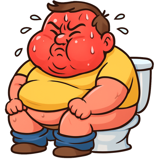 Insanely huge fat guy on the toilet constipated look on his all red sweating profusely as he has pushed out cheeks pushing out face