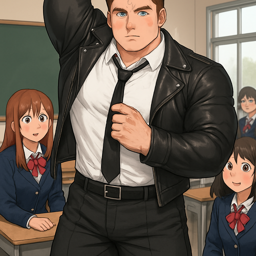 Full body view of a buff and huge white guy with a short white shirt, stretching in A School boy Uniform with pants with a Black tie but Leather Jacket over uniform over white shirt with brown hair and blue eyes and making girls Blush in school classrooms and grabbing his Tie Drenched in sweat