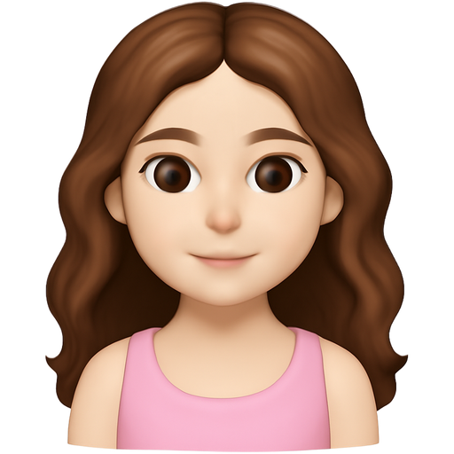Please create a girl emoji. This girl has a brown long hair, no bangs, slightly curly, brown eyes and white skin. She should be wearing light pink tank.