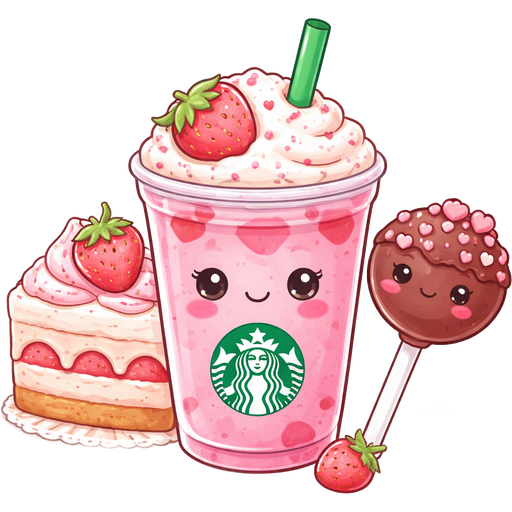 Starbucks pink drink cute. With a strawberry shortcake and strawberry frosting on the side. and strawberry cake pop with chocolate frosting and the cute little 〰️ mouth on it