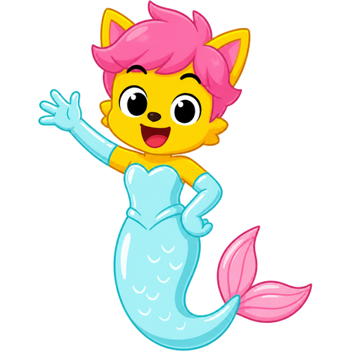 yellow boy cat furry with pink hair and light cyan very long rubber gloves light cyan dress tucked in light cyan mermaid tail with white highlights with pink tail fins (based on pinkfong)