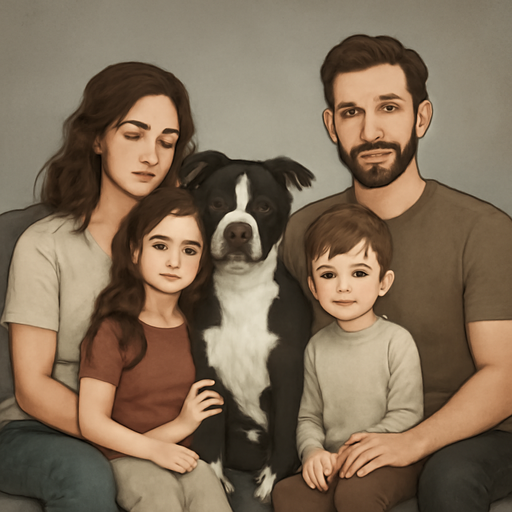 can you make a family that has a dog that is a pitbull, black and white and the oldest daughter the youngest brother and a mom and dad sitting on a gray couch with the dog and have a gray wall behind them