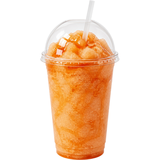 Peach Iced Tea Shaved Ice Slushie in a Plastic Cup and Plastic Dome Lid with a Straw Mixed in with Extra Syrup