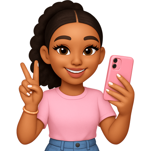 Girl with 4c hair in a ponytail with a middle part and she’s holding a pink iPhone and her shirt is baby pink and she’s smiling and she has light skin and extremely long lashes and pink lips and bracelets and a beautiful smile and French tip nails and a cute peace sign pose with baggy jeans