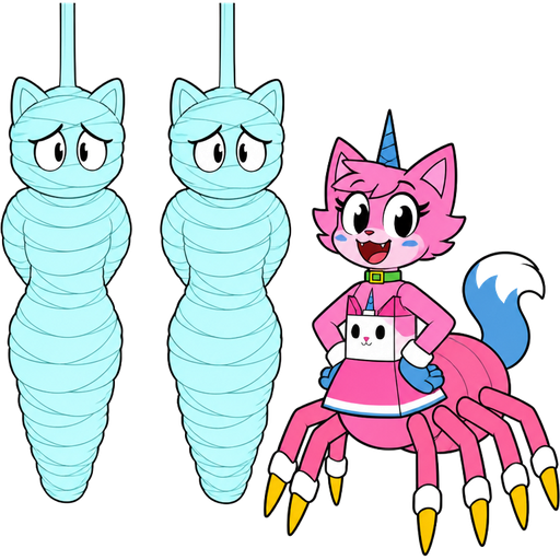 cartoon network version wrapped up and mummified fully covered in a #B8FFFF spider slik cocoon shaped like anthro female cat anthro worried arms behind back with #B8FFFF spider slik wrappings completely covered with thick layers non-transparent #B8FFFF spider slik wrappings hanged to the ceiling on the left side next to wrapped up and mummified fully covered in a #B8FFFF spider slik cocoon shaped like anthro female cat anthro worried arms behind back with #B8FFFF spider slik wrappings completely covered with thick layers non-transparent #B8FFFF spider slik wrappings hanged to the ceiling the left side next to happy anthro femboy pink cat drider with blue and white tail white wrists blue hands white ankles yellow tips on spider legs green collar blue unicorn horn wearing femboy clothing based on unikitty