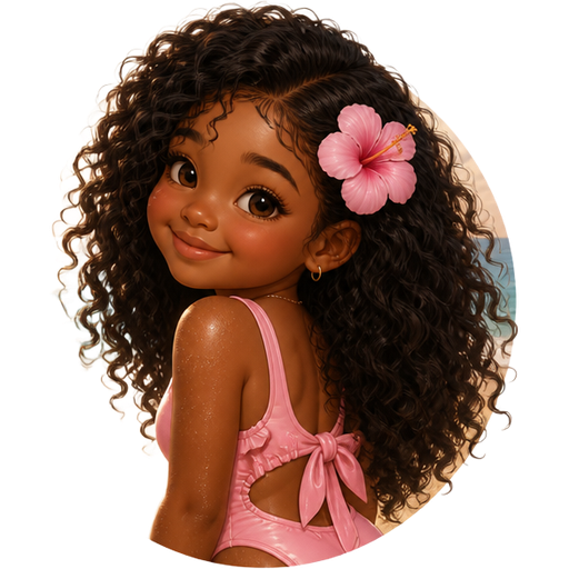 A little black girl smiling her hair is down and curly and it has a flower and she is at the beach and she has a beautiful pink swimsuit