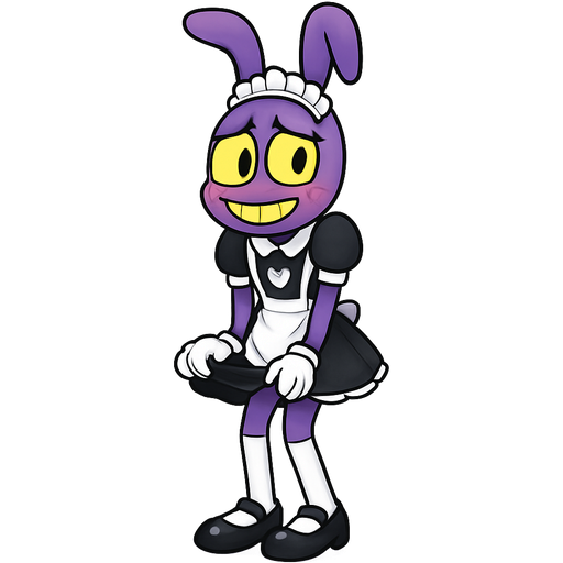 A purple tall 6’2 foot tall lanky bunny with a big grin with yellow teeth he lacks a nose and he has yellow sclera big eyes with black square pupils with a sharp black eyeliner with a white maid headband and a black and white maid dress with an apron and a short skirt with white gloves with a heart cut out near his chest and white long stockings with black lines on the top and black Mary-Janes shoes with black bow ties on it with an embarrassed expression on his face as he blushes hiding his skirt