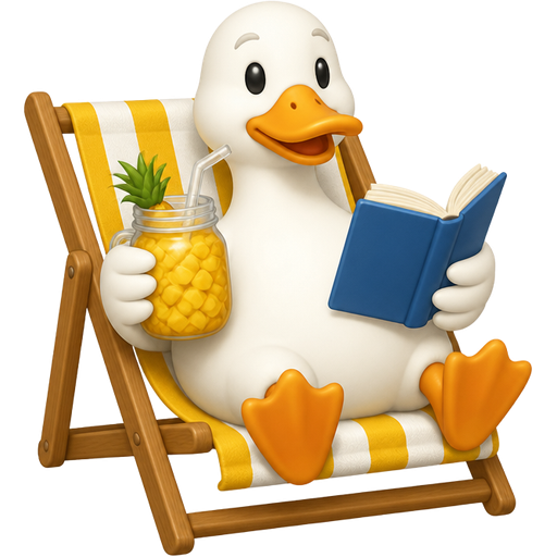 White duck with light orange beaks and flippers in a wood beach chair with a yellow and white striped towel and the duck holding a pineapple drink in a mason jar with a clear straw and pineapple cubes in it with his wings and holding a book in the other wing