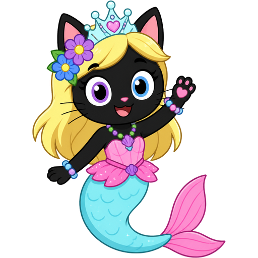 black cat with light yellow hair purple and blue flowers light cyan crown purple and green necklace pink and blue bracelets pink dress attached to long light cyan mermaid tail with pink tail fins based on (Créu Cat PriVer Animation)