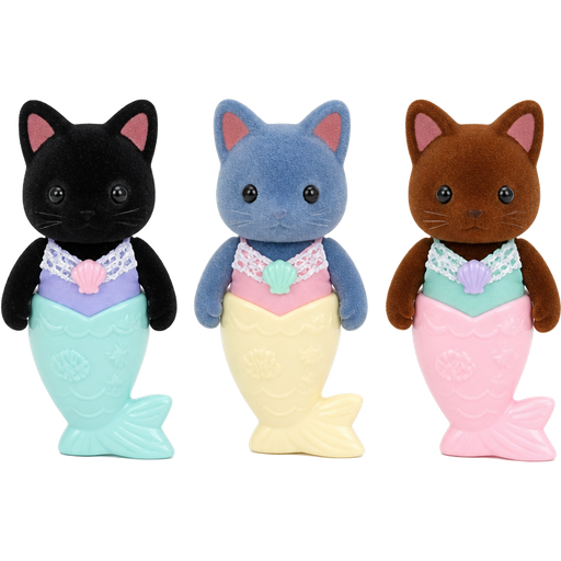 sylvanian Families black cat figure with plastic light cyan mermaid tail blue cat figure with plastic light yellow mermaid tail brown cat figure with plastic light pink mermaid tail