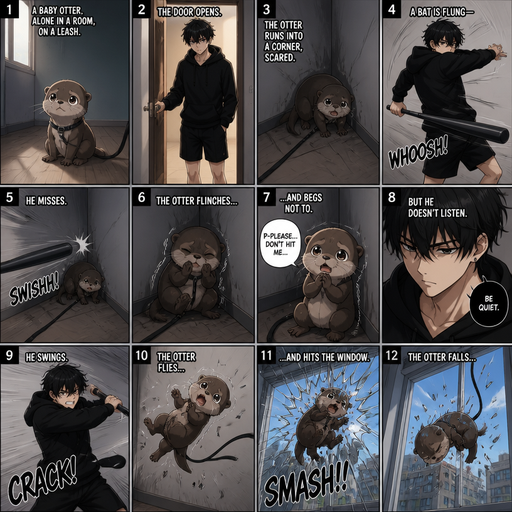 A comic book Picture by picture and shows every action of a A baby otter in a room alone on a leash and his male Cute and Handsome wearing a Black Hoodie and Shorts owner the owner opens the door and the otter runs into a corner scared. Then a bat is flung and he misses The otter flinches and begs not to but he doesn’t listen and the otter flys and hits the window