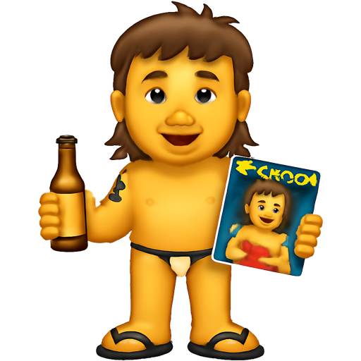 Cuzzy bro wearing a g-string and thong shoes with mullet brown hair and tribal tattoos. Holding a beer and playboy magazine