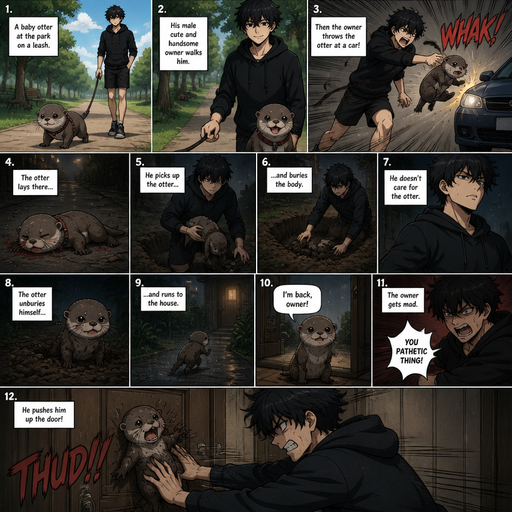 A comic book and picture by picture shows impact of a A baby otter at a park on a leash and his male Cute and Handsome wearing a Black Hoodie and Shorts owner the owner Walks him and the owner and then the owner throws the otter at a Car and the otter lays there. And he picks the up the otter and burrows the body. And doesn’t care for the otter and the otter unbury himself and runs to the house and says I’m back to the owner and the owner gets mad. And pushes him up the door