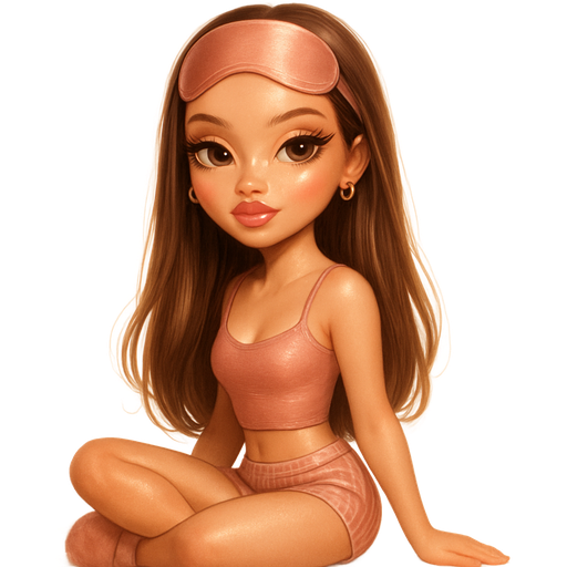luxury glossy bratz doll romantic aesthetic, cinematic glow, crisp clean detail, glossy glam skin. brown eyed Petite girl, fair skin with soft freckles, long wide face with tall forehead, honey-golden almond wide-set upturned eyes, fluttery lashes, shimmer highlight, plush lips, bottom heavy lip, sweet Belle-princess vibe, long straight brunette hair with visible light blonde highlights, softly defined feminine body, softly defined body shape with full round bust, wearing a pale dusty rose fitted cropped camisole, pale dusty rose low rise striped boxer shorts, pale dusty rose ugg fur trim slippers, dusty rose silk sleep mask, small gold thick hoop earrings, sleek model hair wavy ends blowout, side sitting. full body showing. Cozy romantic glow, soft warm lighting, pop-princess energy, shimmer highlight, sparkly glow