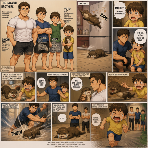 A Full Body Comic Book story view of a Bulky and hunky ANIME Cute Bara Man With Peach toned skin Who looks Normal and round facial Structure and Basic facial structure With Puffy and Big Pecs that are visible through the shirt and Biceps and Bandaid on his nose and Brown and Strait hair. Wearing a t-shirt and shorts. And the comic introduces each of his 3 brothers and the youngest has a pet otter and one day the otter betrayed the youngest but the second youngest protected him. And the otter flew at the fridge and layed there and youngest got scared and the s second youngest says it’s OK. and the otter gets disciplined as then the otter betrays again but he catches the otter and the otter fly to the ground and Ted all over him. And the otter cries but there is not affection given. and I’m the youngest runs away, crying about the otter.