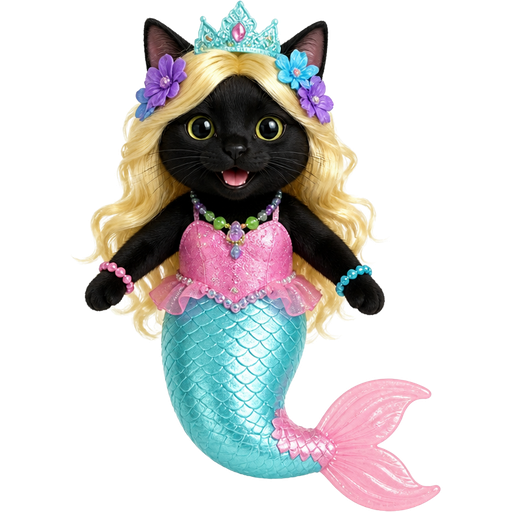 black cat smiling with light yellow hair purple and blue flowers light cyan crown purple and green necklace pink and blue bracelets pink dress attached to long light cyan mermaid tail with pink tail fins toy