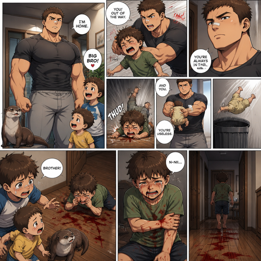 A DETAILED AND LIFELIKE LONG Anime Comic Book story view of a Bulky but Muscular ANIME Cute Bara Man With Peach toned skin Who looks Normal aind round facial Structure and Basic facial structure With Puffy and Big Pecs that are visible through the shirt and Biceps and Bandaid on his nose and Brown short hair that makes them look tough. Wearing normal With his pet Grown and healthy realistic otter and 2 little brothers that are in different ages but young. he never liked the middle child but it loved him and it flies to the floor and red comes from his nose from his grasp. And the baby was taken and discarded, and the one that like him got up while holding his elbow and A lot red on the ground walking to his room.