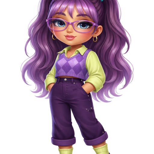 Plum Pudding with a Medium-Tan Cool Medium Beige Skin Tone with a Uni-Lip Shape with a Voluminous Moonstone Eyelash Setup Completing the Look with a Guest List Lipstick Finish with a Neutral Pastel Blue Eyeshadow with a Upturned Eye Shape and a Base-Down Triangle Face Shape with Purple Hair and the Bangs having Light Purple Highlights with a Half-Up-Half-Down Hairstyle in Two Ponytails with Blue Elastic Bubble Hair Ties Wearing Purple Rectangle Metal Glasses With Rosy Red Cheeks also Wearing a Lime Green Button-Up Long Sleeve Shirt with the Bottom of the Sleeves Rolled up With a Short Purple Sweater and A Dark Purple Diamond Checkerboard Pattern Wearing Dark Purple Pants with a Silver Button on the Side and the Bottom of it Rolled up with Long Lime Green Rolled Up Socks and Dark Purple Flats adding a Voluminous Glazed Complexion with a 3D Naturalistic Animation and a Mature Adult Toned Build with Luxury Glossy and Refined Pristine Set Up With a Theatrical Appearance