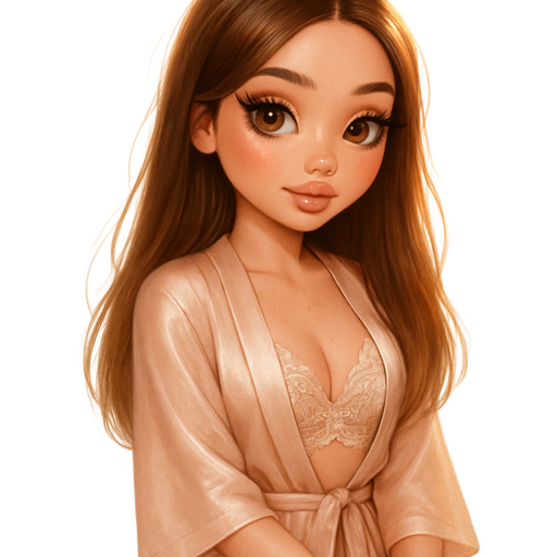 luxury glam-Bratz romantic aesthetic, warm cinematic glow, soft fairytale lighting, crisp clean detail, glossy doll-like skin, soft glowing blush, fluttery lashes, big honey brown almond eyes, plush lips, feminine delicate features, sweet princess vibe, soft glam makeup, gentle warm highlights in hair, dreamy whimsical softness, cozy romantic energy: petite soft feminine figure, soft-autumn tone, pale skin, soft freckles, round, full moderate bust, natural curves, soft natural body definition, straight long brunette hair with blonde highlights, lace teddy under silk robe, pearl anklet, coy shoulder glance, pop-princess energy, shimmer highlight, sparkly glow