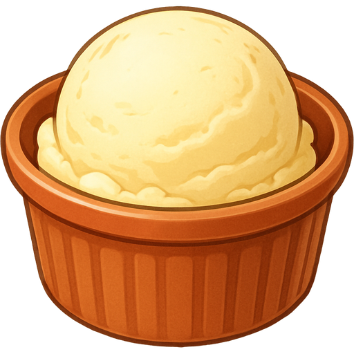 ghibli style | color #A0522D mini ceramic ramekin | single vanilla ice cream scoop inside ramekin | view: the high-angle + front center + close-up