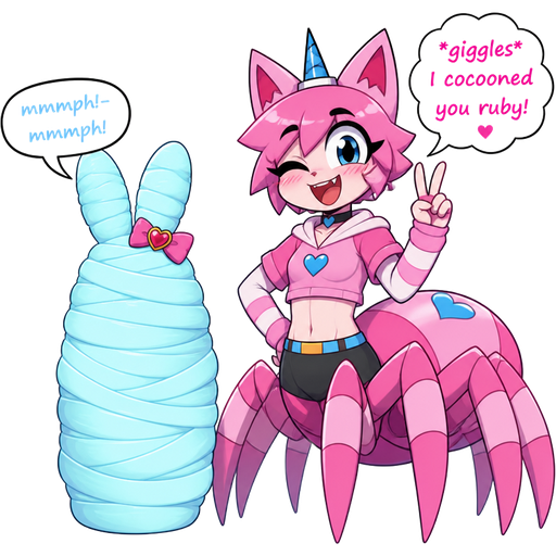 wrapped up and mummified fully covered in a #B8FFFF spider slik cocoon shaped like ruby the rabbit for jewelpet sunshine behind back with #B8FFFF spider slik wrappings completely covered with thick layers non-transparent #B8FFFF spider slik wrappings mmmph!-mmmph! next to a happy anthro femboy pink cat drider doing victory sign based on unikitty *giggles* I cocooned you ruby!