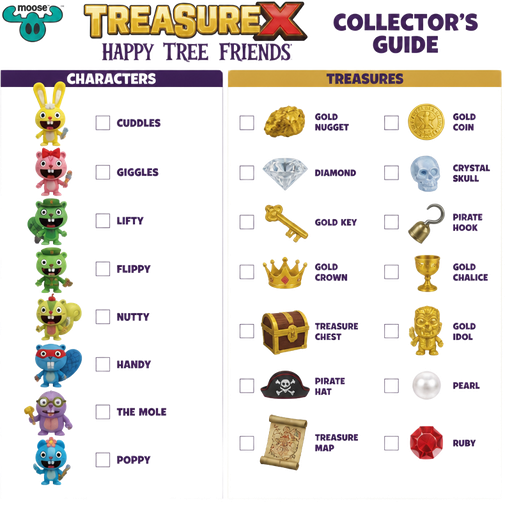 moose toys treasure x happy tree friends collectors guide characters names on left and all treasures names on right