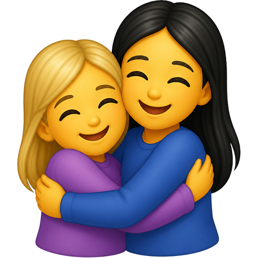 Two girls one with blonde hair other with black both hugging each other and happy one with the blonde is just a little shorter