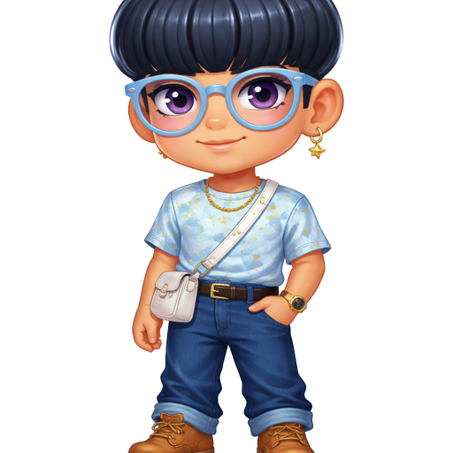Everything Bagel With a Fair-Light Golden Natural Skin Tone and a Full Lip Shape with a Natural Eyebrow Shape and a Tapered Eye Shape with a Square Facial Structure and Dark Blue Bowl-Cut Hairstyle With Big Pastel Blue Rounded Glasses and Purple Eyes With a Marble Blue T-Shirt and The Top of His Shirt is Light Blue with a Printed Pattern of Gold Sprinkles With Dark Blue Denim Pants Wearing Brown Boots With a Mature Adult Balanced Structure and a Luxury Glossy Setup