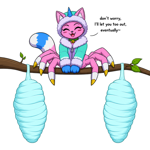 wrapped up and mummified fully covered in a #B8FFFF spider slik cocoon shaped like female anthro yellow cat anthro mmmph! with arms behind back with #B8FFFF spider slik wrappings completely covered with thick layers non-transparent #B8FFFF spider slik wrappings hanged to the branch on the left side next to wrapped up and mummified fully covered in a #B8FFFF spider slik cocoon shaped like female anthro yellow cat girl anthro mmmph! behind back with #B8FFFF spider slik wrappings completely covered with thick layers non-transparent #B8FFFF spider slik wrappings hanged to the branch on the the right side next to happy femboy anthro furry pink cat drider with blue and white tail white wrists blue hands white ankles yellow tips on eight spider like legs green collar blue unicorn horn based on unikitty wearing everest's hat and clothing sitting on a branch don't worry, I'll let you too out, eventually~