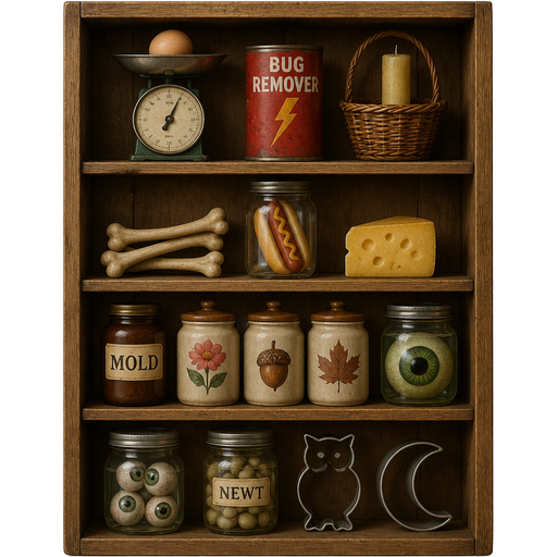wooden cupboard with 4 wooden shelves with egg on old scale tin can texted bug remover basket of one candle 3 bones
hot dog in jar cheese brown jar of mold texted on it jar with picture of flower on it jar with picture of acorn on it jar with picture of leaf on it giant green eyeball in jar four eyeballs in jar newt eggs in jar with texted newt on it owl cookie cutter moon cookie cutter