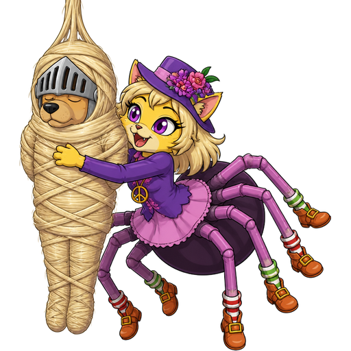 knight dog getting wrapped up and mummified webbed from head to toe by drider furry yellow cat anthro with purple eyes light blonde hair purple and pink florist hat and purple florist outfit with a purple spider's black lower body with eight pink spider legs wearing green and white and red socks orange boots with buckles light pink skirt peace sign necklace hybrid using its own light blonde hair webbing light blonde hair mummy cocoon from head to toe shaped like knight dog with arms behind back and legs bonded together completely covered with light blonde hair webbings hanging with light blonde hair webbings hunged by its ceiling then drider furry yellow cat anthro with purple eyes light blonde hair purple and pink florist hat and purple florist outfit with a purple spider's black lower body with eight pink spider legs wearing green and white and red socks orange boots with buckles light pink skirt peace sign necklace appears running towards and latching on it and hugs it hybrid cartoon clipart version